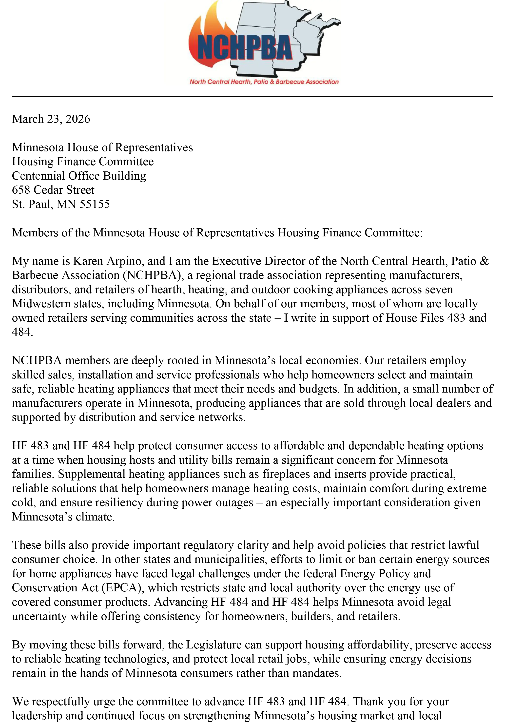 NCHPBA Submits Testimony in Support of Energy Choice Legislation in MN!